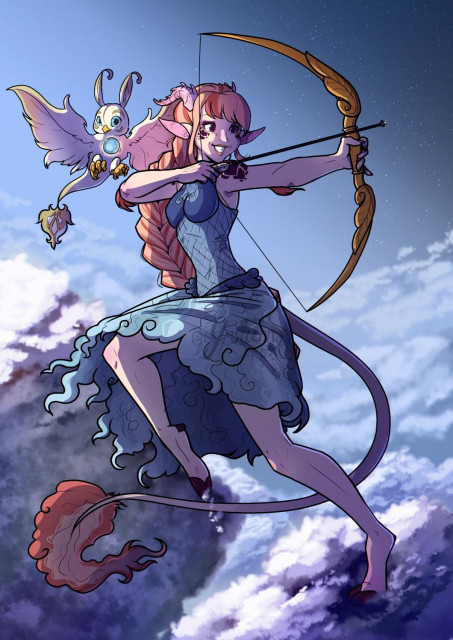 Drawing depicting a sky huntress aiming with her bow while frolicking on top of clouds. She has long ears, pink horns, a long tail and hooves. She has her pet behind her (it's a weird bird-fairy creature)