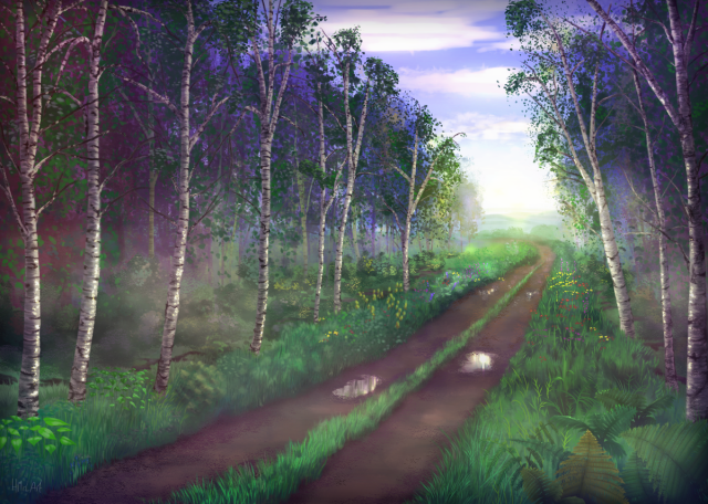 A digital illustration of a path through a silver birch forest, lined with grasses and flowers. It is made up of rich greens and browns, going into blues, purples and reds in the shadows of the trees, that gives it a fantasy appearance.