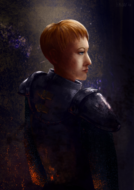 A digital illustration of a blonde woman in chunky metal armour. She lit strongly from above by a shaft of light, and a firelight picks out her lower back, glinting off her chainmail sleeves. There are flecks of dust, becoming more abstract textures over the whole thing.