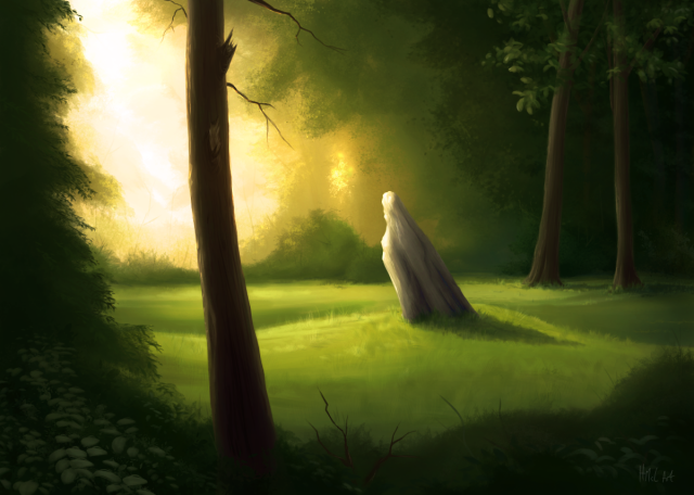 A digital illustration of a standing stone in a forest clearing. Light strikes through the trees from the left, bathing the stone and foliage in a soft, yellow glow, giving the scene a whimsical appearance.