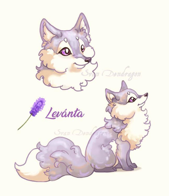 Two views of a little fluffy silver lavender and white cream fox with big violet eyes, draw in cartoon-manga style. She's short, and has a gentle smile. 
There are a profile full body view, and above a close-up portrait face. 
A flower of lavender drawing is next to her name "Levánta".