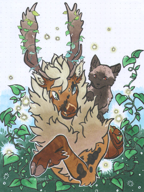 scan of a traditional drawing done with a brushpen and alcohol markers. it's a bust drawing of a deer/elk-like creature bepotelkh (closed species), together with their fox companion. the bep is of various shades of brown and a fluffy dusty beige mane. they have spectral plant growth on their antlers, heterochromia, small fangs and various black spots and dark brown stripe markings. they are looking at their fox companion on their shoulder. the fox is of grey and black colours, and is staring back. they are framed by a lot of small floating lights, and vines of crawling plants.