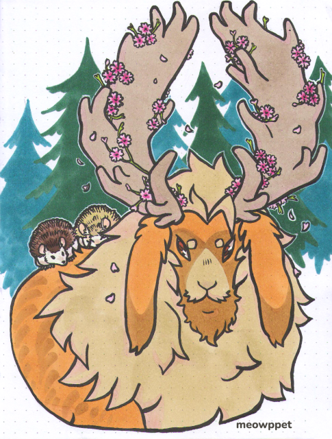 scan of a traditional drawing done with a brushpen and alcohol markers. it's a bust drawing of a moose/elk-like creature bepotelkh (closed species), together with their two hedgehog companions. the bep is of yellow brown colours, with various darker and lighter markings and stripes on their snout, ears and body, and a very fluffy mane. they have pink flowers growing all over their antlers, with some petals falling down. the bep is looking to the side at the two hedgehogs sitting on their back, one looking back at them and another rubbing its little snout. one hedgehog is of regular colouring, the other is of albino coloration. the background is simple silhouettes of evergreen trees.