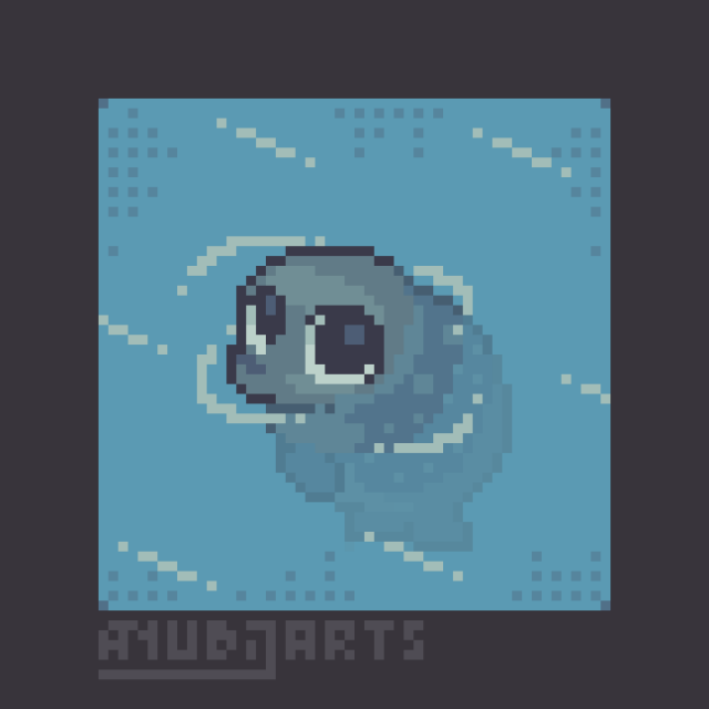 A Pixel Art Redraw, featuring a seal on the water, that's staring with big eyes at the viewer. Can I has that fish you have, human?