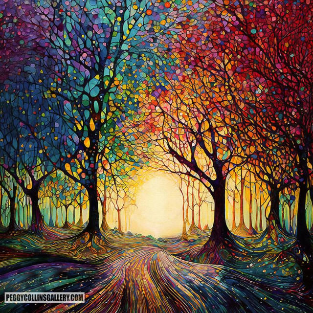 Colorful artwork of abstract trees, by artist Peggy Collins.