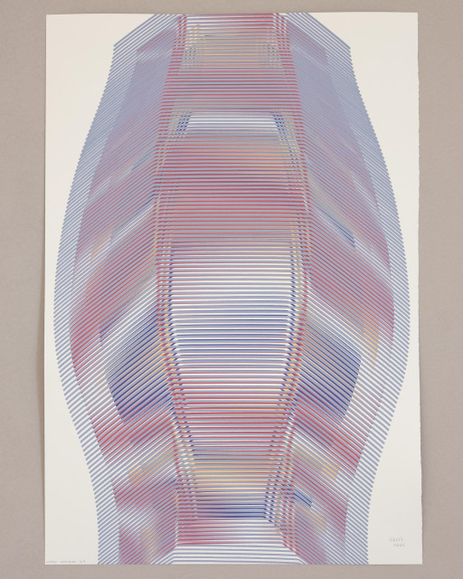 An abstract painting produced by a robotic pen plotter using a generative algorithm. Thin lines of gray, red, yellow, and purple acrylic paint create swirling moire interference patterns on white paper.