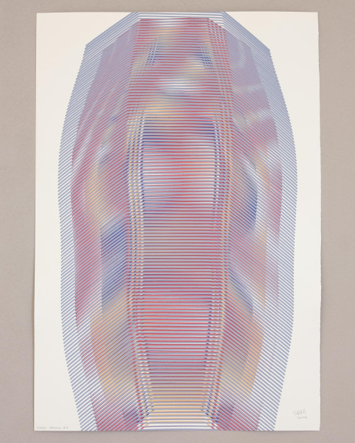 An abstract painting produced by a robotic pen plotter using a generative algorithm. Thin lines of gray, red, yellow, and purple acrylic paint create swirling moire interference patterns on white paper.