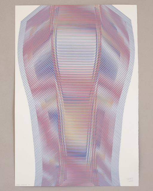 An abstract painting produced by a robotic pen plotter using a generative algorithm. Thin lines of gray, red, yellow, and purple acrylic paint create swirling moire interference patterns on white paper.