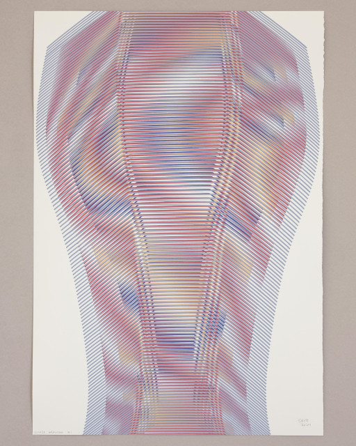 An abstract painting produced by a robotic pen plotter using a generative algorithm. Thin lines of gray, red, yellow, and purple acrylic paint create swirling moire interference patterns on white paper.