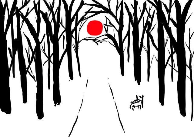 A digital sketch in black, white and red. It shows a path going into a white blankness. To the right of it is a black bench. It is surrounded by black, leafless trees. Above the end of the path a red sun is surrounded by black branches.