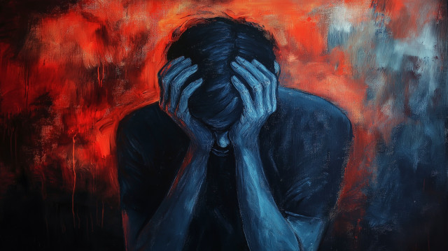 An evocative artistic representation of insomnia, characterized by a person sitting with their head in their hands, overwhelmed by inner turmoil. The figure is painted in cool blue tones, symbolizing exhaustion and emotional detachment, while the background is a fiery, chaotic blend of red and orange hues, conveying anxiety, restlessness, and mental anguish. The combination of colors and textures captures the duality of insomnia: the internal struggle to find peace amid a mind consumed by racing thoughts and emotional turbulence. The piece powerfully conveys the feelings of isolation and frustration that often accompany sleeplessness.