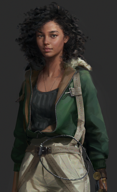 Close up of concept art showing a Black woman with a very faint smirk. She has black naturally curly hair in short bob hairstyle, hooded eyes and a round face with low cheekbones.