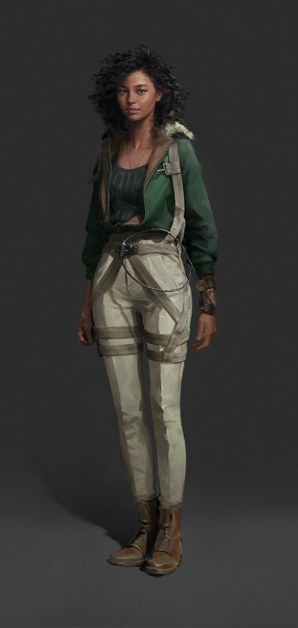 Full body concept art showing the same character standing against a dark background. She's wearing a gray ribbed tank top, a dark green aviator bomber jacket with fur lined collar, high waist cream pants in a tailored style cut, brown leather ankle boots.

Over these clothes she's wearing a climbing harness (stylized, inspired by WW2 parachute harnesses).

She has a clockwork-like device on her wrist connected to a wire that goes through a loop on the climbing harness and coils inside a device on her back that can't be seen from this angle. It's used to shoot hooks into rails and suitable surfaces to stealthy climb to otherwise inaccessible spots.