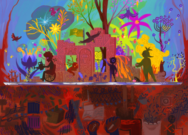 A digital illustration full of details and textures. It's split in two horizontally. At the bottom is a mess of violent scribbles steeped in red. They allude to corporate greed, state violence, human rights abuses and more. The top half, however, is a world of color: people are building, watering plants, interacting with birds and just hanging around. An ornate structure, which is in the process of being built, is surrounded with wondrous and intricate plant life. Birds fly around, hang on branches, fruits glisten among technicolor leaves and bees discover brilliant flowers to pollinate. At the top of the half-built structure is a Solarpunk flag.