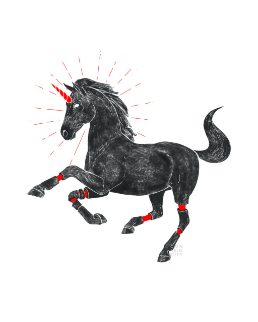 Ink drawing. A black unicorn with a read horn and a red halo surrounding its head. There are visible cuts on its legs.