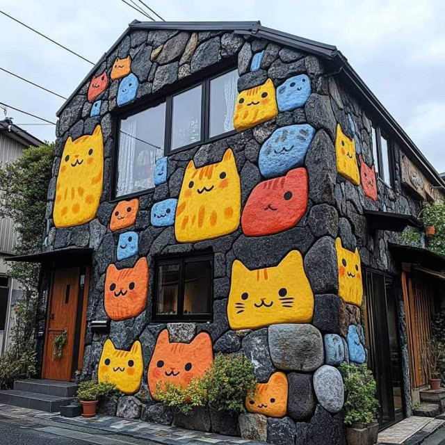 the bricks on an average looking house are replaced by illustrations of cats heads (yellow, blue, orange)