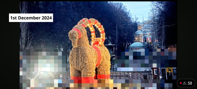 The Gävle Goat on the morning of 1st of December 2024.

Picture shows a large straw effigy of a goat with red trimmings surrounded by a fence. Behind the goat a tree lined esplanade and the Gävle theatre are visible. Parts of the image are pixelated to obscure people passing by.

Picture from YouTube Live Feed. 