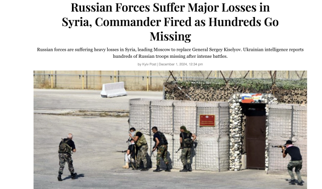 Headline Russian Forces Suffer Major Losses in o o Syria, Commander Fired as Hundreds Go o o Missing Russian forces are suffering heavy losses in Syria, leading Moscow to replace General Sergey Kiselyov. Ukrainian intelligence reports hundreds of Russian troops missing after intense battles

Nothing warms the heart like Russian losses