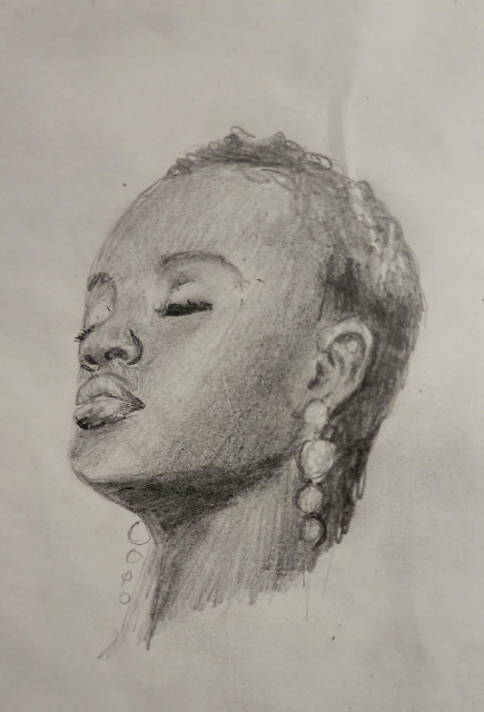 Pencil drawing of the face of a black woman with her eyes closed. She's wearing long pearl earrings and has short cropped hair