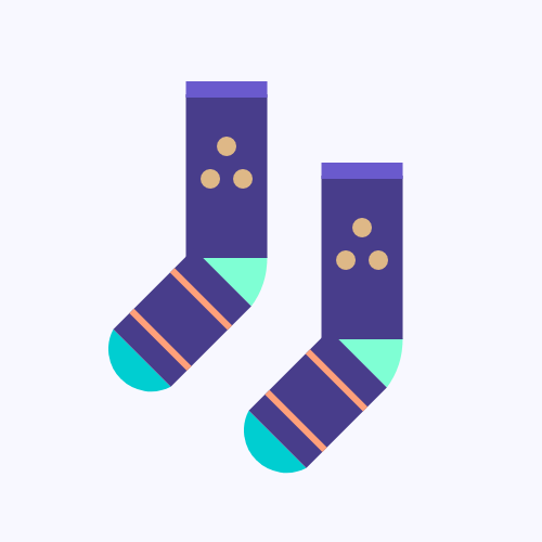 Two socks: Both are a DarkSlateBlue sock with an Aquamarine heel, a DarkTurquoise toe, and a SlateBlue cuff, with three Burlywood dots in a triangle on the leg and two LightSalmon stripes on the foot, all on a GhostWhite background. 