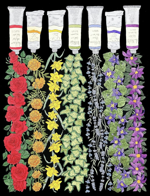 A illustration of a row of paint tubes running across the top, from them flows flowers and foliage forming a rainbow running down the page. From left to right, red roses, orange marigolds, yellow daffodils, green ivy, blue lavender, indigo aquilegia, and violet clematis. This is all on a black background.