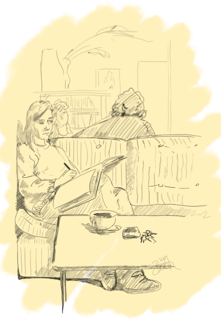 A digital pencil sketch showing a person on a sofa cross legged with an art book and pencil. In front is a table with coffee, keys.  Man in background with plants and bookcase. 