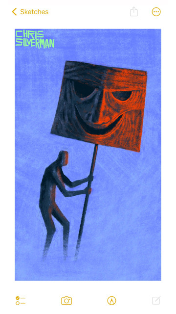 A lone figure stands in a blue, foggy space. The figure is holding what looks like a giant sign, except instead of lettering, it's a large, leering mask that looks like it's made of wood or metal. The right side of the mask is reflecting bright red light, the source unseen.