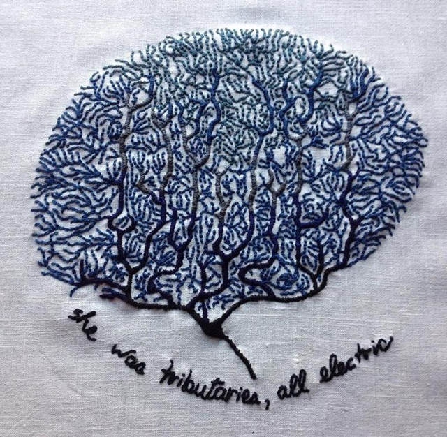 she was tributaries (2016)

An embroidery on bone white linen. There are many coral-like neurons in the vague shape of a brain embroidered in shades of blue. The bottom section is navy blue and transitions to a lighter blue at the top. The text at the bottom reads: she was tributaries, all electric.