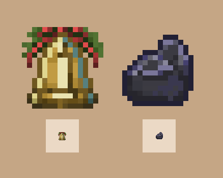 Pixel icons depicting a festive bell and a lump of coal