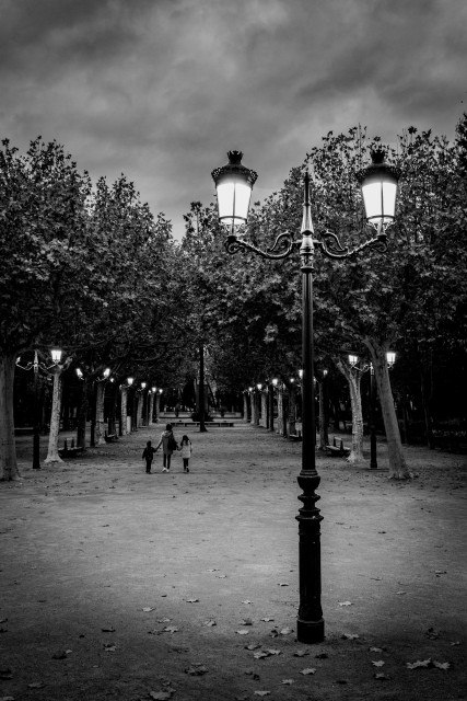 Fotografía en blanco y negro donde se ve en primer plano y ligeramente a la derecha una farola encendida. A sus pies algunas hojas de otoño. Tras ella una avenida de árboles a izquierda y derecha y andando por ellos, una mujer y dos niños de espaldas. Alejándose.