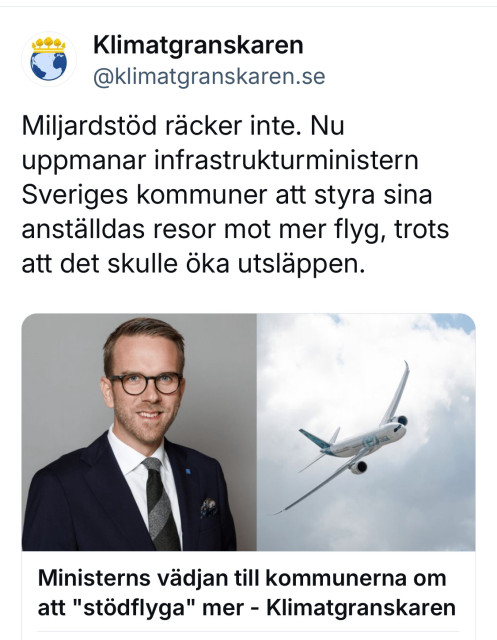 Infrastrukturminister  uppmanar Sveriges kommuner att styra sina anställda så de flyget mer