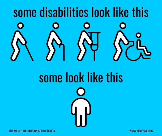 5 stick images of people. In the first 4, the person has a disability aid but the fifth one does not.

Text:
some disabilities look like this
some like this
