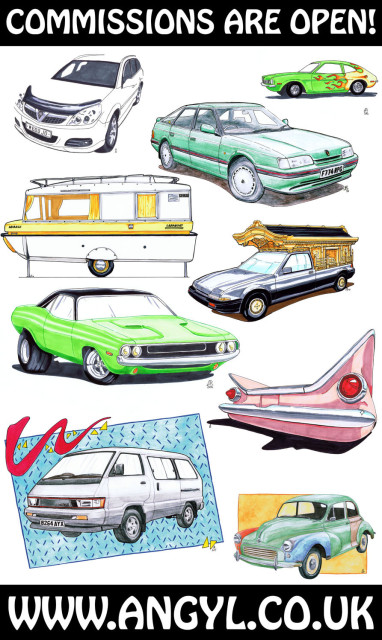 A colourful montage of illustrated vehicles promoting the fact that my commissions are now open again.