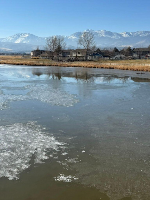 A vertical photograph of an icy marsh. Far mountains are snow capped. There are some houses at the edge of the marsh. 