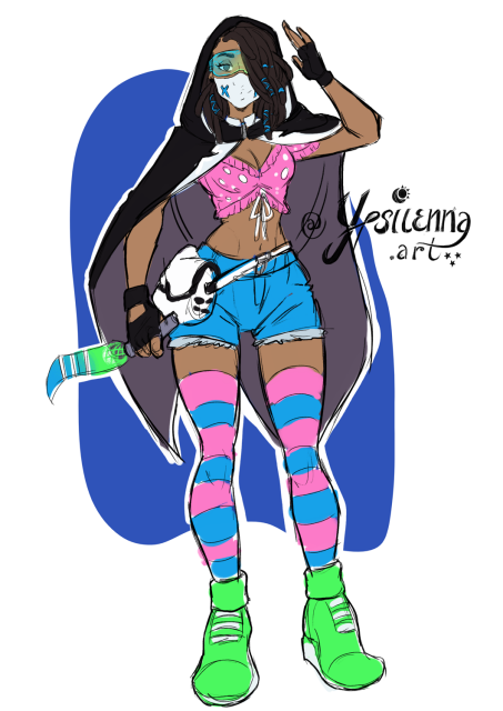 Sketch depicting a woman wearing a cool cyberpunk mask, goggles and cloak, but also a silly neon pink/blue/green outfit underneath. 