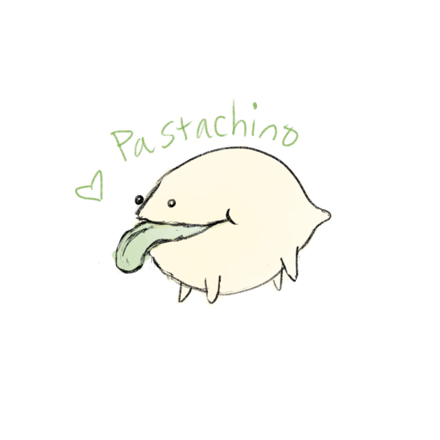 Digital drawing of a cartoon pistachio. The opening of the cream colored shell is his mouth, and he has his green tongue sticking out. He has a little stub tail and 4 tiny little legs. Above him it has a little green heart and the word "Pastachino". He's on a white background that's been cut out to fit him, which is on a transparent background.