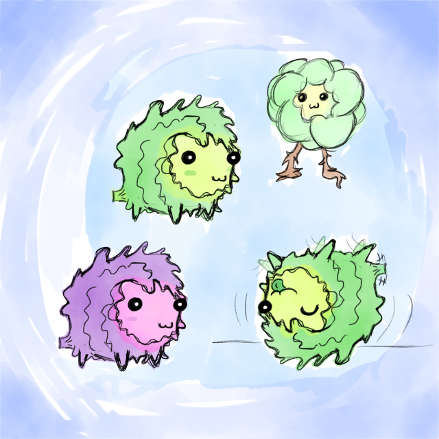 digital drawings of what a "cabbagino" character might look like. Each one is drawn with colon 3 face. The top left and bottom left are the same, but one is green and one is purple. They both are sort of shaggy leafed with a hidden little face in a slightly lighter color than their pod. Both have 4 little stub legs, and the stem of the cabbage is their little tails. They both have small little blush marks. The bottom right is the same green character, but he's on his back, winking and kicking his legs in the air with motion lines to show he's rolling around.

The top right looks moe like a flower a little kid would draw but the petal are green and the center colon 3 face is yellow, with root like feet.

All of the drawing is water colored on a rough light blue background.