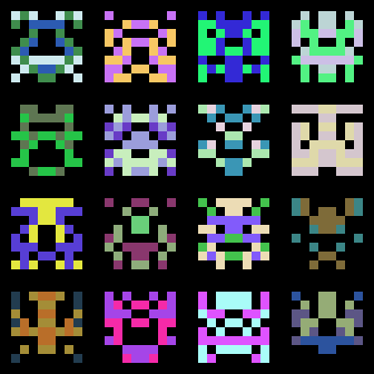 a 4x4 grid of multicolored 8x8 pixel aliens a la space invaders