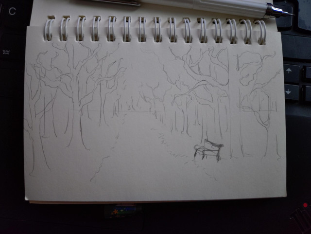 Pencil sketch of snow landscape with trees and a bench. Directly referenced from a photo posted in #CuratorPrompts184.