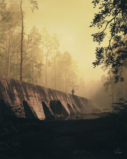 The image depicts a man walking along the top on a concrete wall or barrier somewhere deep inside a forest. There is a large metal pipe sticking out of the side on the wall with a puddle of water at the base of it. The puddle is littered with trash and old metal barrels.