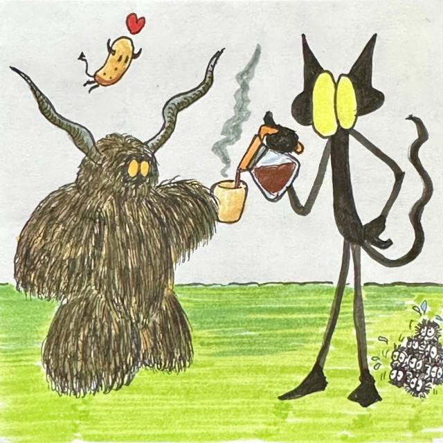 Drawing of a little gremlin pouring a coffee cup for a hairy figure with huge horns and glowing eyes 