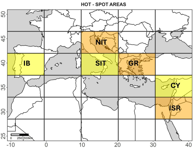 Hotspot areas according to the MED-HOT (orange) and RCCI (yellow) indices. These regions are experiencing more higher stress due to climate change. 