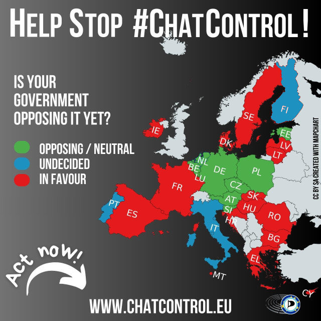 Sharepic zeigt eine Karte von Europa. „Hilf die Chatkontrolle zu stoppen! Ist deine Regierung schon dagegen?“ Zeigt den größten Teil der EU in roter Farbe, also „für“ Chatkontrolle. „Handele jetzt! www.chatkontrolle.de“ und das Logo der europäischen Piraten.