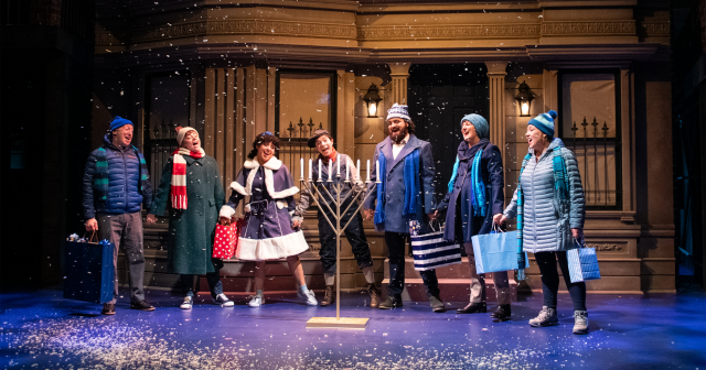 Cast of "A Hanukkah Carol, or Gelt Trip! The Musical" at Round House Theatre. Photograph by Margot Schulman.
