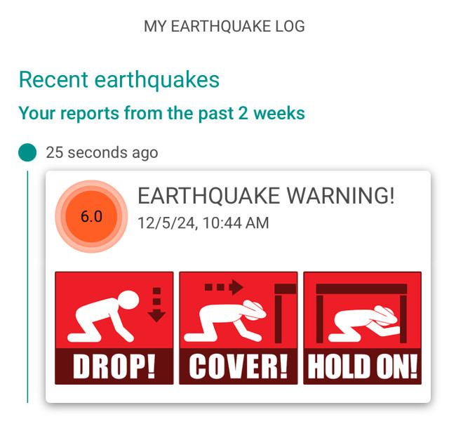 Screenshot of earthquake warning