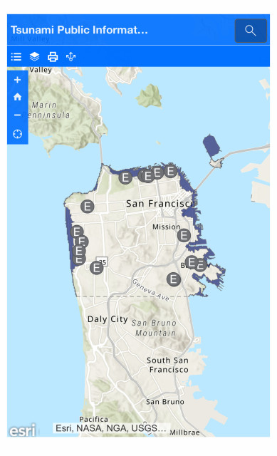 A screenshot showing a map of tsunami hazards in San Francisco 