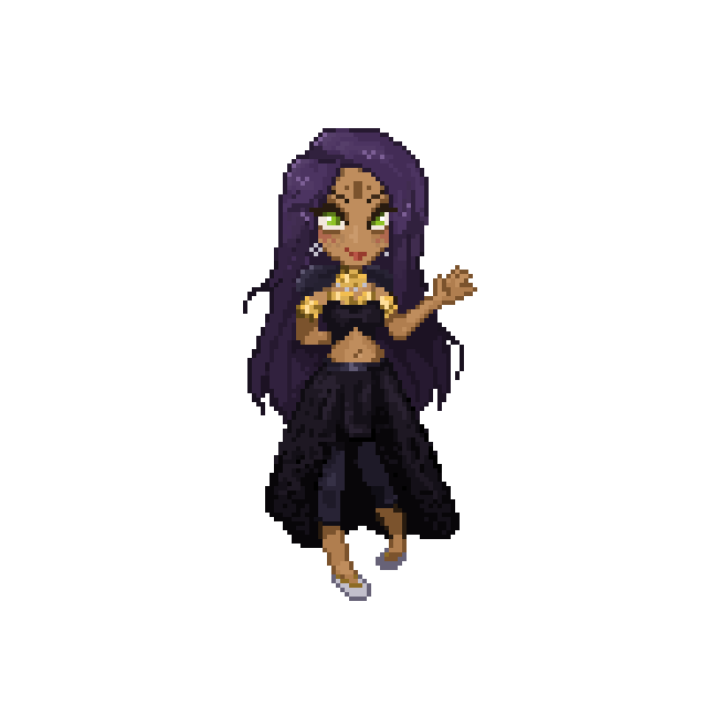 Pixel artwork depicting a dark-skinned lady with green eyes, purplish hair and a black two-part dress