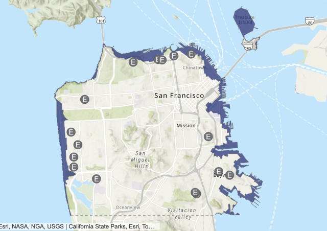 SF map with risk zones in dark blue: far west, Embarcadero, Mission Bay – plus "E" marks for evacuation areas