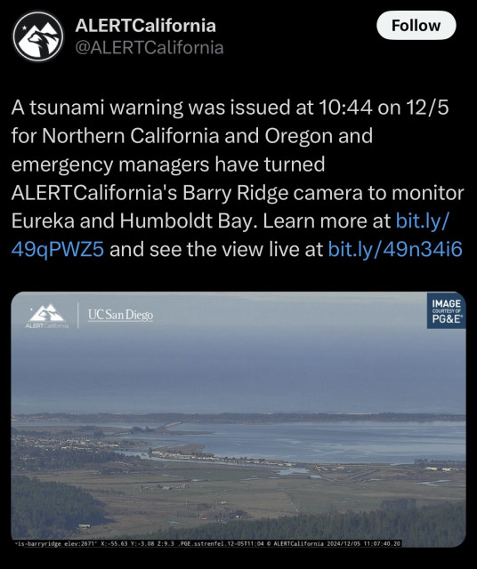 Tweet from ALERTCalifornia: A tsunami warning was issued at 10:44 on 12/5
for Northern California and Oregon and emergency managers have turned
ALERT California's Barry Ridge camera to monitor Eureka and Humboldt Bay. Learn more at bit.ly/ 49qPWZ5 and see the view live at bit.ly/49n34i6

(And an image of the coastline camera)