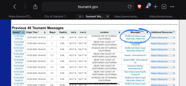 Tsunami.gov website with the link for Update #3 circled.